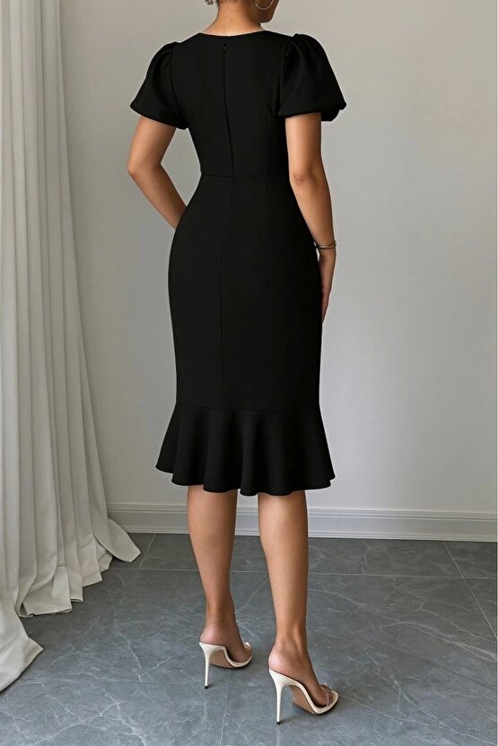 Kadın Kısa Kollu Yuvarlak Yaka Pileli Janjan Krep Elbise