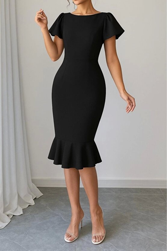 Kadın Kısa Kollu Yuvarlak Yaka Pileli Janjan Krep Elbise