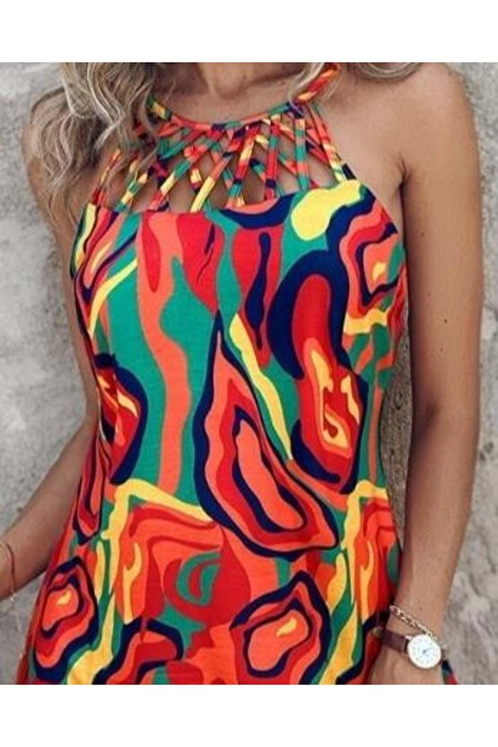 Kadın Omuzlardan Açık çapraz şerit Detaylı Desenli Süprem Elbise