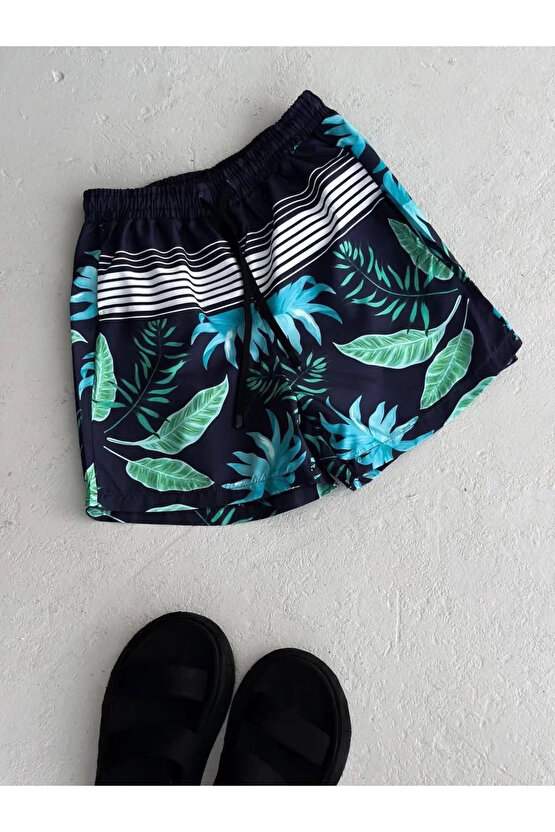 Erkek Palmiye Desenli Deniz Cepli Şort - Mavi