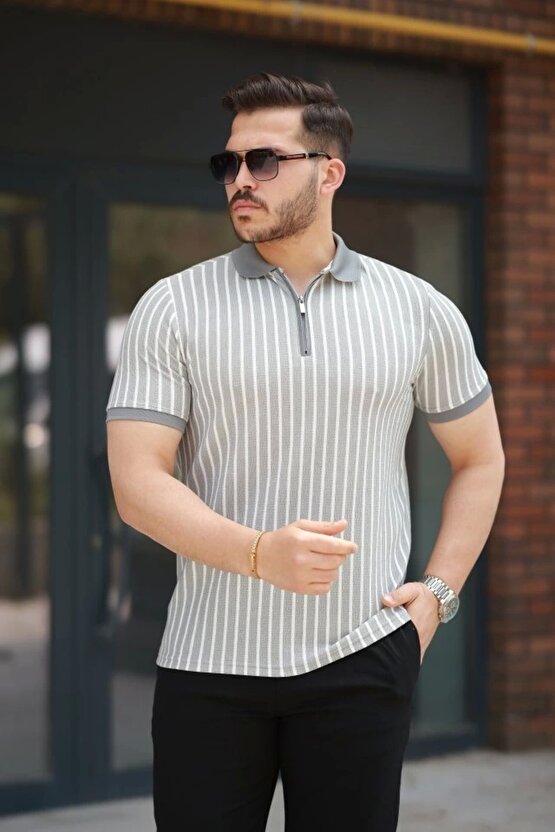 Erkek çizgili Fermuar Yakalı Kısa Kollu Tişört