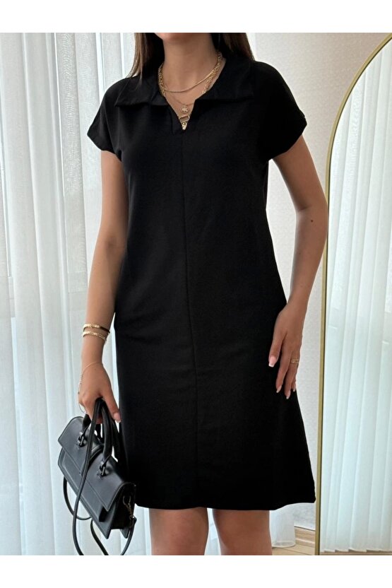 Kadın Kısa Kollu Yakalı Viskon Iki Iplik Elbise