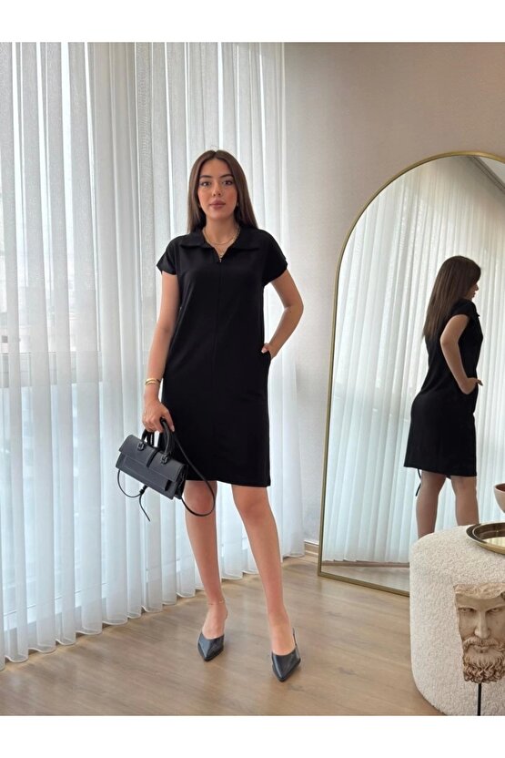 Kadın Kısa Kollu Yakalı Viskon Iki Iplik Elbise