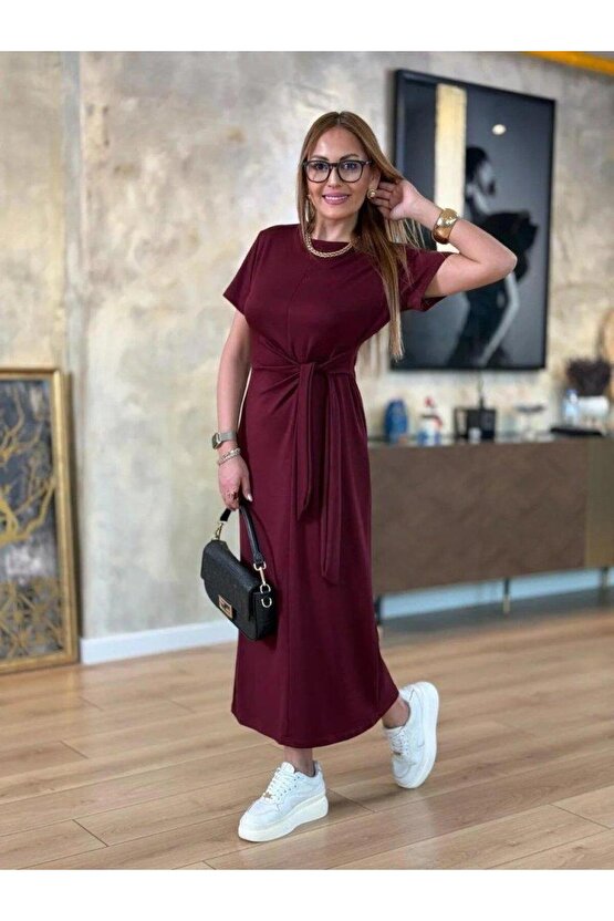 Kadın Kısa Kollu Bisiklet Yaka Yandan Bağlamalı Viskon Iki Iplik Elbise