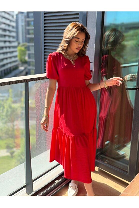 Kadın Kısa Kollu Yakası Açık Katlı Bürümcük Balon Elbise