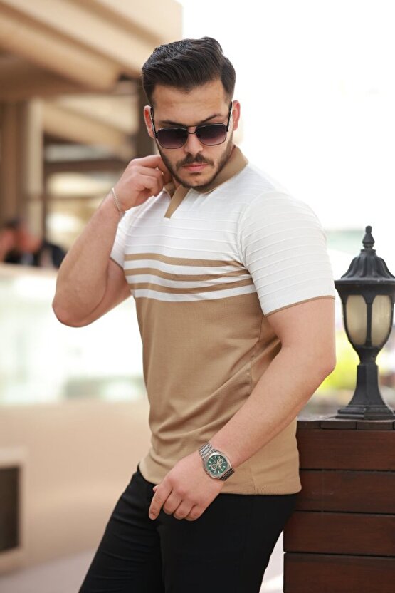 EQURİ Erkek çizgi Desenli Yakalı Kısa Kollu T-shirt