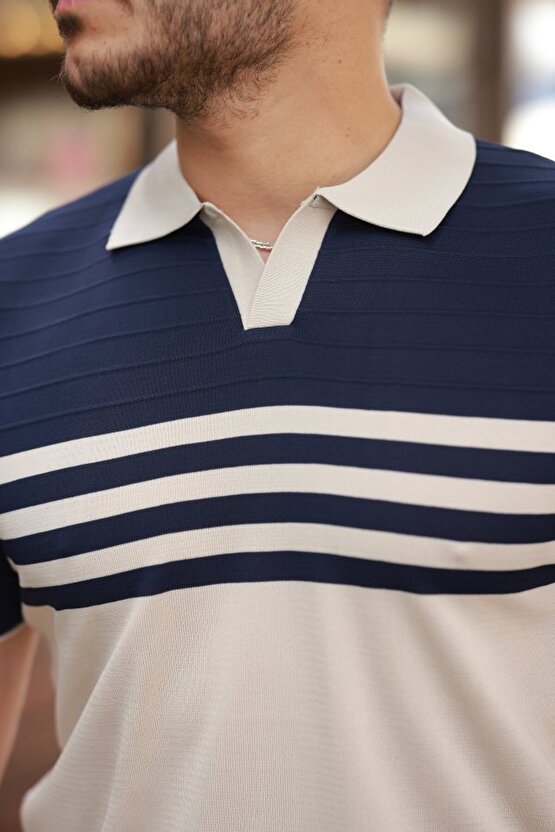 EQURİ Erkek çizgi Desenli Yakalı Kısa Kollu T-shirt