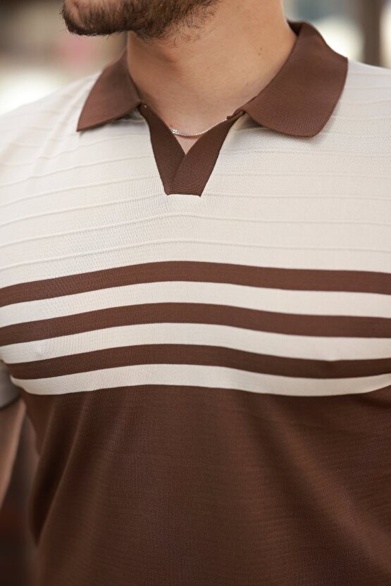 EQURİ Erkek çizgi Desenli Yakalı Kısa Kollu T-shirt