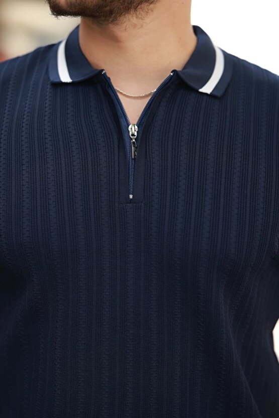 Erkek Yaka Ve Kolları çizgi Detaylı Fermuarlı Kısa Kollu T-shirt