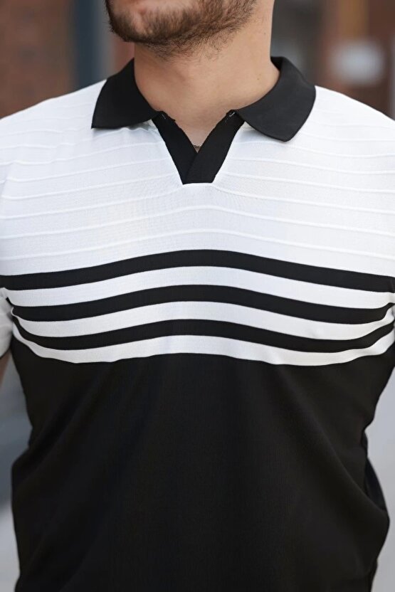 Erkek çizgi Desenli Yakalı Kısa Kollu T-shirt