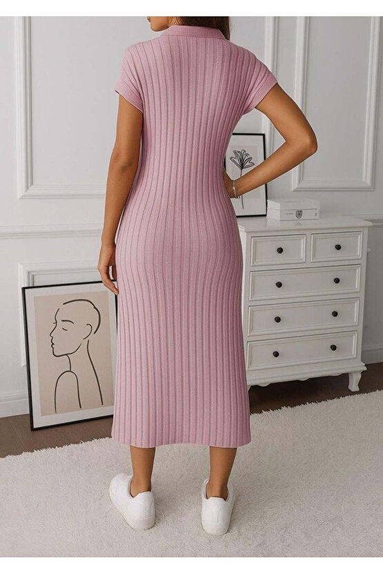 Kadın Kısa Kollu Yakalı Yandan Yırtmaçlı Kalın Fitilli Kaşkorse Elbise