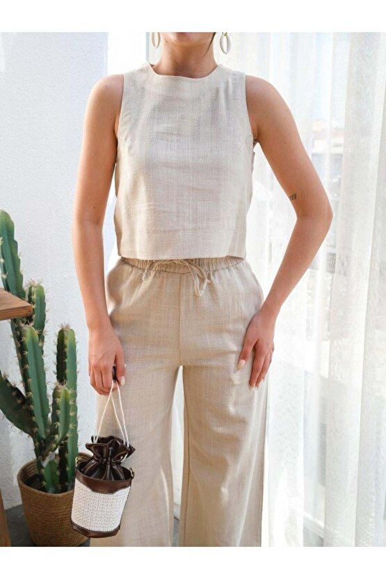 Keten Bluz Ve Pantolon Ikili Takim