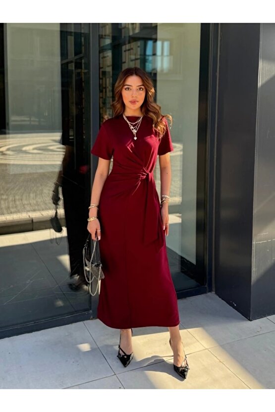 Kadın Kısa Kollu Bisiklet Yaka Yandan Bağlamalı Viskon Iki Iplik Elbise