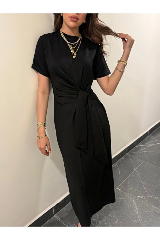 Kadın Kısa Kollu Bisiklet Yaka Yandan Bağlamalı Viskon Iki Iplik Elbise