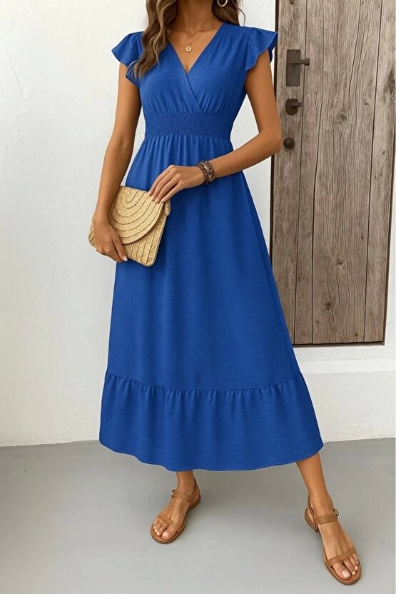 Kadın Kısa Kelebek Kollu Kruvaze Yakalı Beli Lastikli Aerobin Elbise