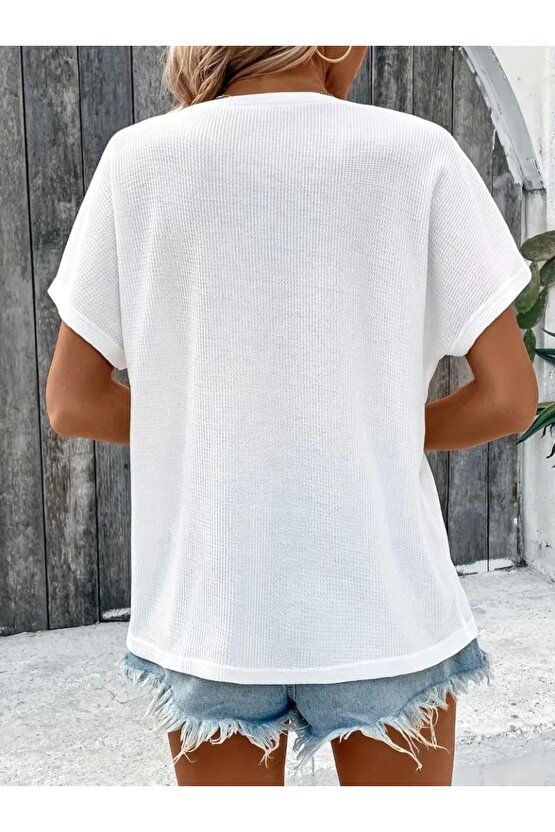 Kadın Kısa Kollu Yakası Açık önden Düğmeli Waffle Bluz