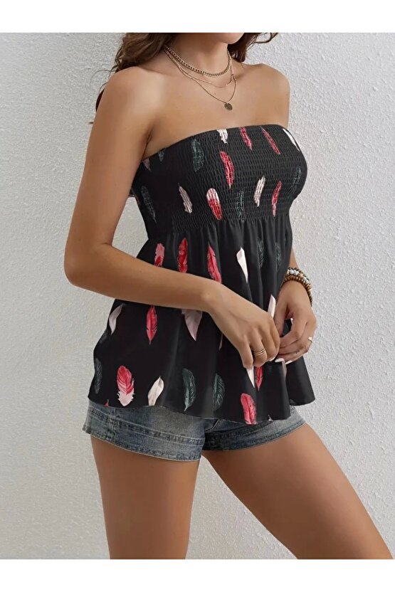 Kadın Yaprak Desenli Göğsü Gipeli Mosskrep Straplez Bluz