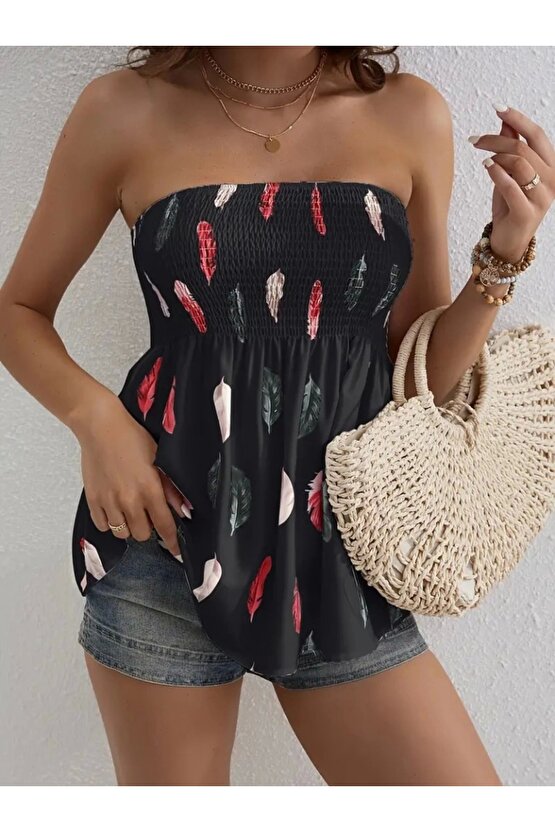 Kadın Yaprak Desenli Göğsü Gipeli Mosskrep Straplez Bluz