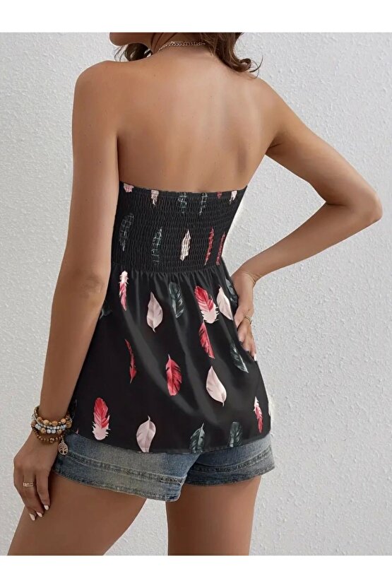 Kadın Yaprak Desenli Göğsü Gipeli Mosskrep Straplez Bluz