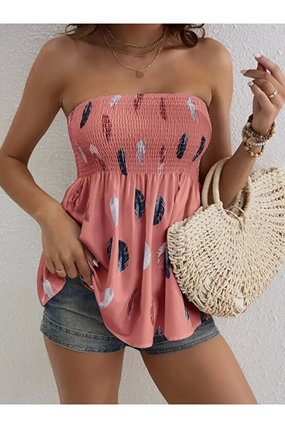 Kadın Yaprak Desenli Göğsü Gipeli Mosskrep Straplez Bluz