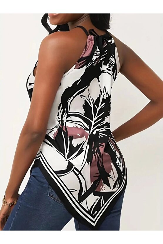 Kadın üçgen Kesim Boyundan Bağlamalı çiçek Desen Süprem Bluz