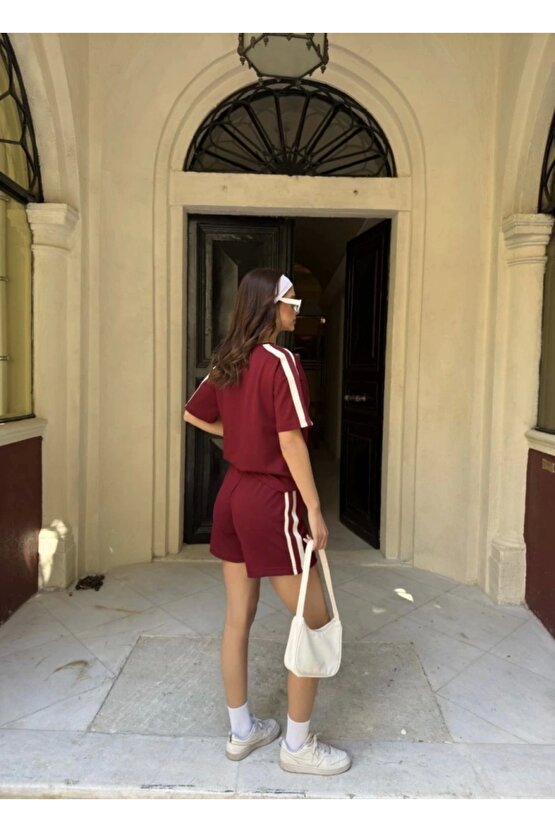Osy Modal Yumuşak Dokulu Kumaş Parçalı Bisiklet Yaka T-shirt Mini Şortlu Etek İkili Takım -Bordo