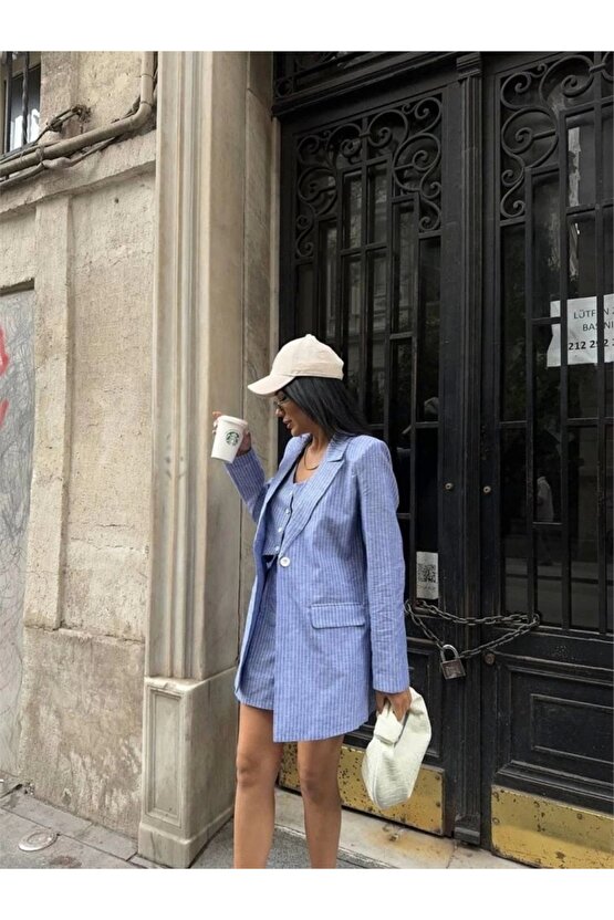 ÇİZGİİ KETEN CEKET YEEK ŞORT TK avi