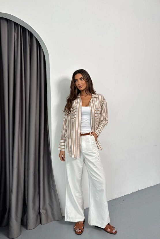 ÇİZGİLİ GÖMLEK - Bej