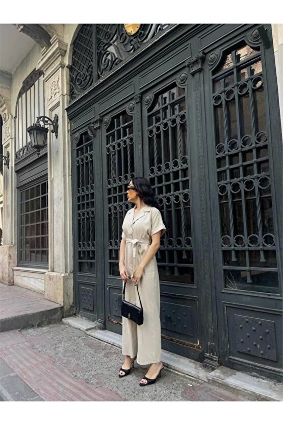 KETEN TULUM BEL BAĞLAMA DETAYLI - Krem