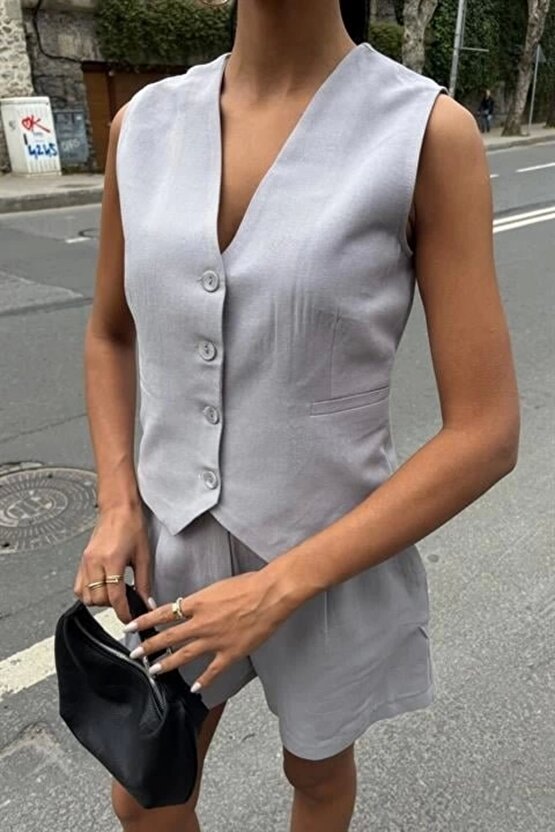 Yelek Şort Flamlı Keten Takım 10133-17