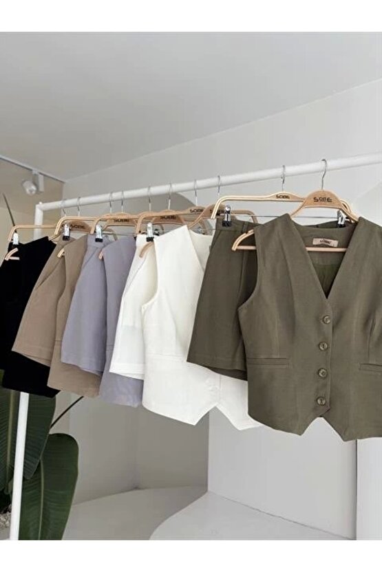 Yelek Şort Flamlı Keten Takım 10133-17