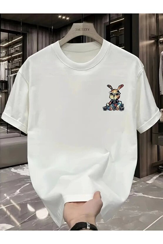 Baskılı Oversize Bisiklet Yaka T-shirt - Beyaz