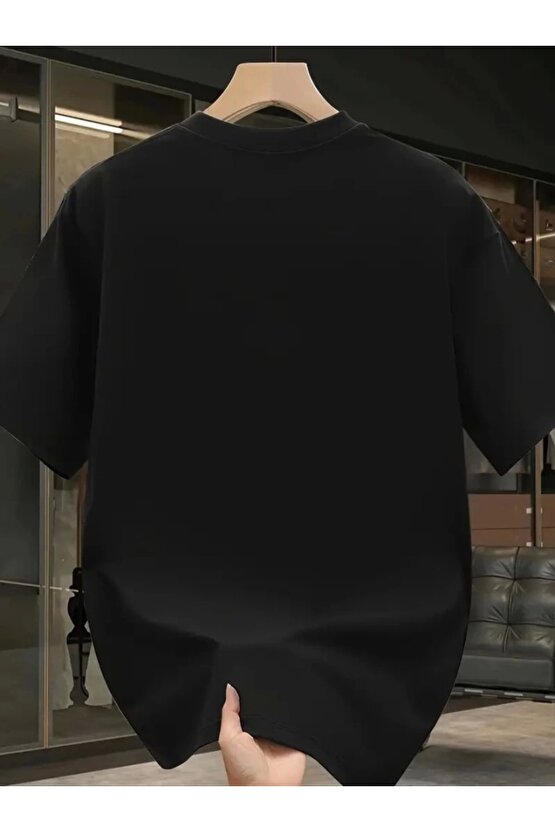 Baskılı Oversize Bisiklet Yaka T-shirt - Siyah