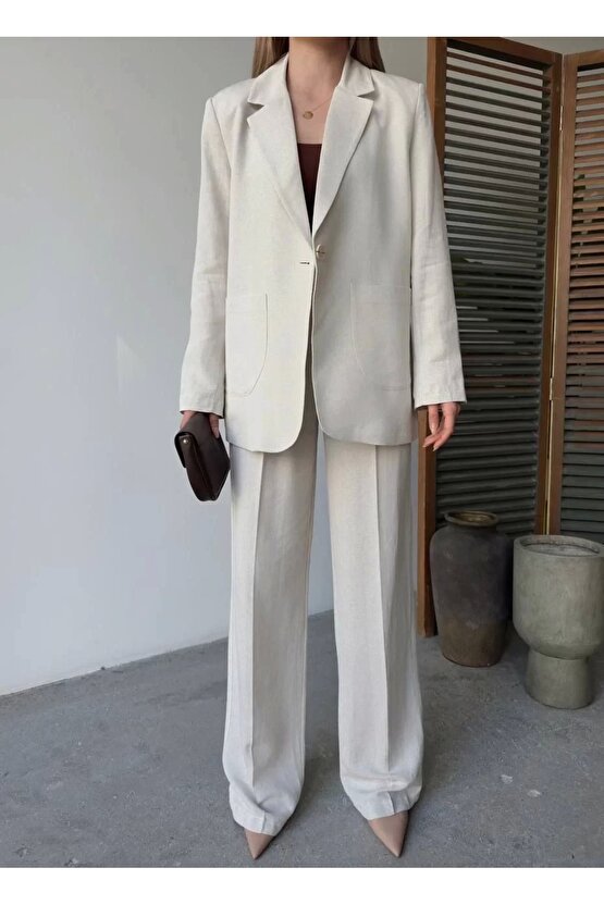 Keten Ceket Pantolon İlik Düğmeli Uzun Kollu Yırtmaçlı ikili Takım - Beyaz