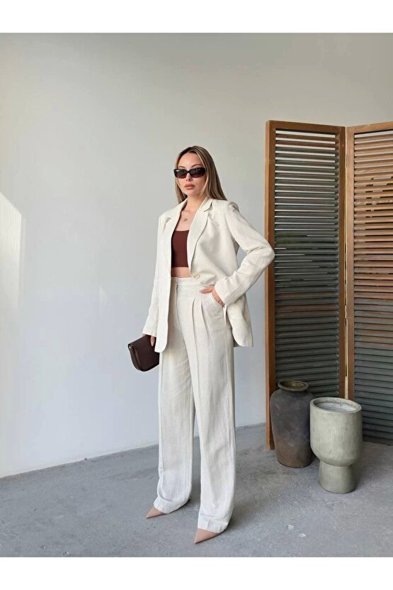 Keten Ceket Pantolon İlik Düğmeli Uzun Kollu Yırtmaçlı ikili Takım - Beyaz