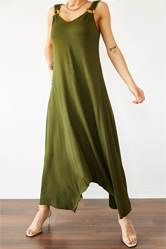 EQURİ Kadın çan Dokuma Kumaş V Yaka Asimetrik Kesim Elbise