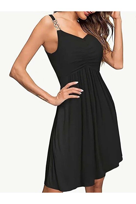 Kadın Ip Askılı V Yakalı Kısa Viskon Elbise