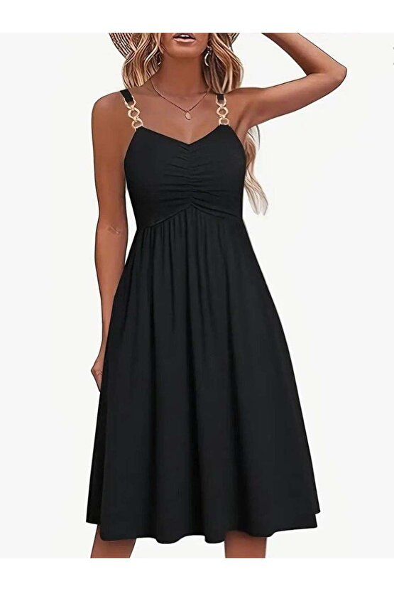 Kadın Ip Askılı V Yakalı Kısa Viskon Elbise