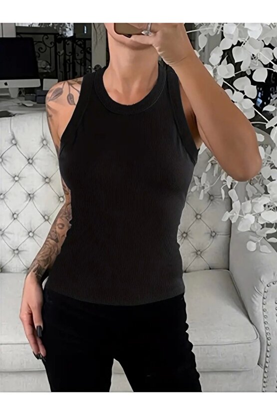 Kadın Kolsuz Yuvarlak Yaka Kalın Fitilli şardonlu Kaşkorse Bluz