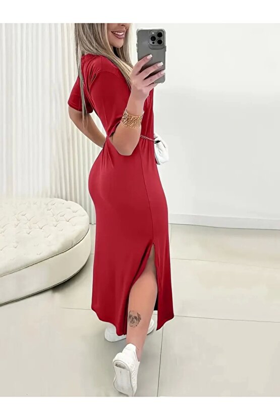 Kadın Kısa Kollu Bisiklet Yaka Yandan Yırtmaçlı Viskon Elbise