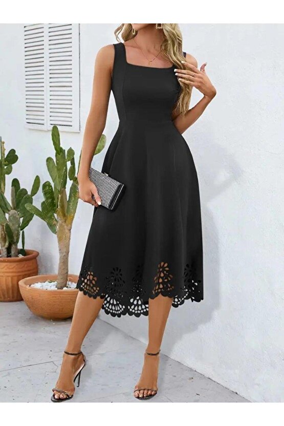 Kadın Askılı Geometrik Yaka çiçek Lazer Kesim Ithal Krep Elbise