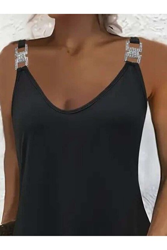 Kadın Askılı V Yakalı Toka Detaylı Janjan Krep Elbise