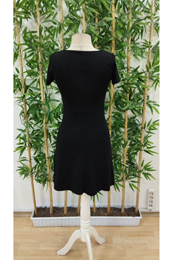 Kadın Kısa Kollu V Yakalı önden Düğmeli çift Renkli Viskon Elbise