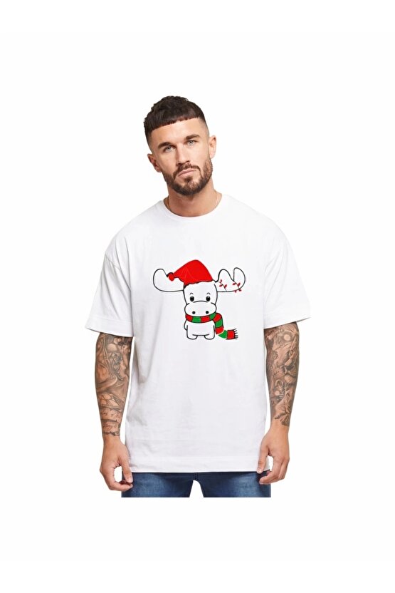 Ren Geyiği Baskılı Noel İçin T-shirt - Beyaz