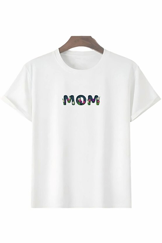 Anneler Gününe Özel Tasarım Mom Çiçek Baskılı T-shirt - Beyaz