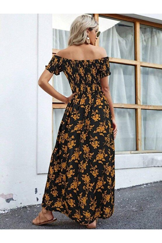 Kadın Kısa Kollu Madonna Yaka Yırtmaçlı çiçek Desenli Süprem Elbise