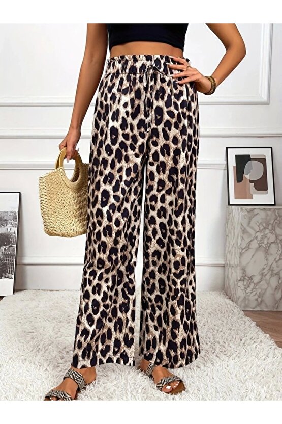 Kadın Yüksek Bel Beli Lastikli Bağcıklı Leopar Desenli Süprem Pantolon