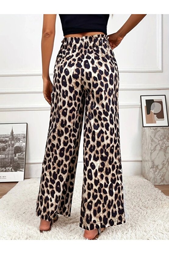 Kadın Yüksek Bel Beli Lastikli Bağcıklı Leopar Desenli Süprem Pantolon