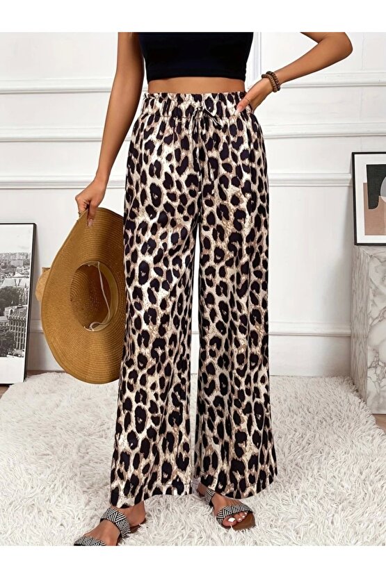 Kadın Yüksek Bel Beli Lastikli Bağcıklı Leopar Desenli Süprem Pantolon