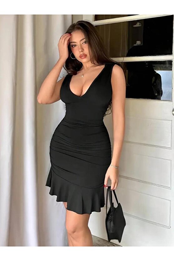 Kadın Askılı Derin V Dekolteli Fırfırlı Janjan Krep Elbise